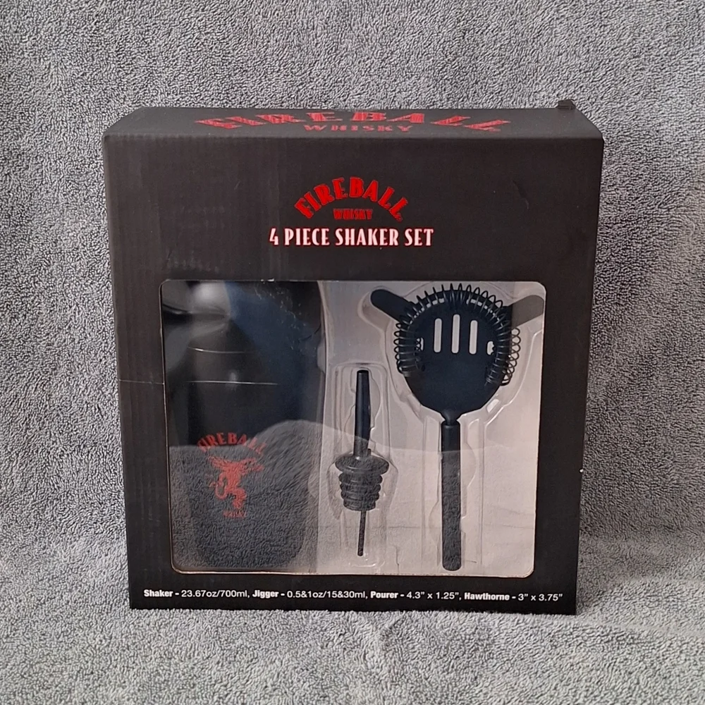 FIREBALL® 4 PIECE SHAKER SET(Hawthorne Strainer, Shaker, Jigger) NWT